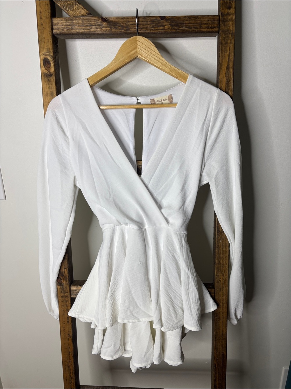 Altar'd State White Long-Sleeve Wrap Romper with Peplum Hem Size XS